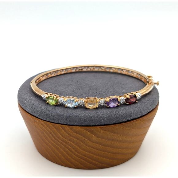 Multi Semi-Precious Gemstone Gold Tone Oval Bangle Bracelet - Picture 1 of 6